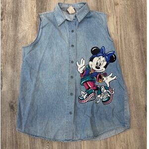 Vintage 90s Mickey Unlimited Minnie Mouse Sleeveless Denim Shirt Size L USA Made